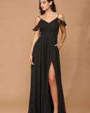 Vestido de Fiesta Largo con Tirantes Finos y Abertura Lateral - 3447