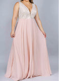 Vestido de Fiesta Largo con Escote en V y Pedrería - Plus Mf2145 P Blush